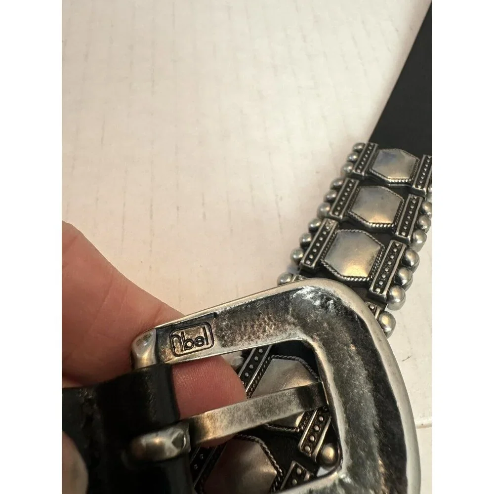 Albatros Black Leather Belt Italy Silver Buckle Art Nouveau deco Sz L